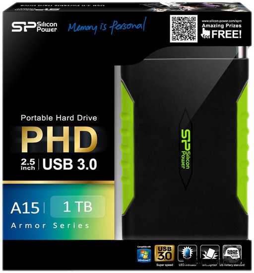 Внешний HDD 2 TB Silicon Power, A15, SP020TBPHDA15S3K, USB 3.1, black-green
