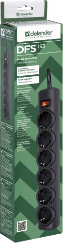 Сетевой фильтр Defender DFS 153 (6розеток 3m), Black