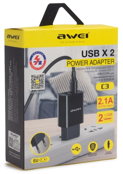Зарядное устройство USB Awei C3, 2xUSB 5V/2.1А, Black