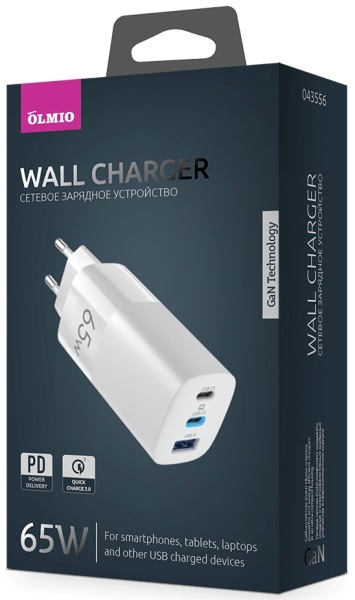 Зарядное устройство Olmio USB+Type-Cx2 QC 65W White