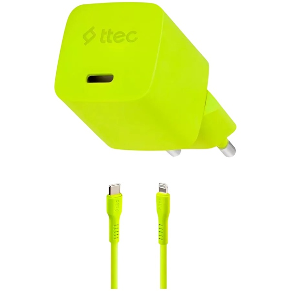 Зарядное устройство TTEC 20W PD Travel Fast Charger + USB-C - Lightning Cable 120cm Neon Yellow, 2SCG20LNS