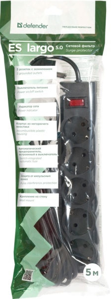 Сетевой фильтр Defender ES LARGO 5 (5розеток 5m), Black