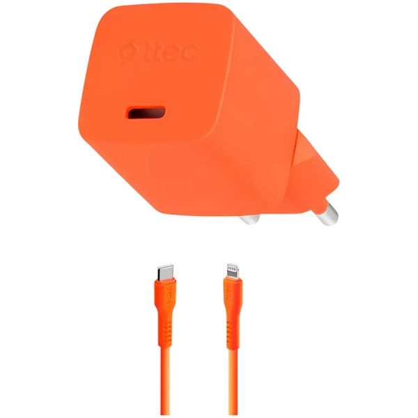 Зарядное устройство TTEC 20W PD Travel Fast Charger + USB-C - Lightning Cable 120cm Neon Orange, 2SCG20LNT