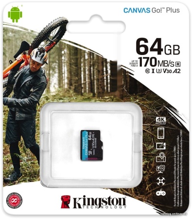 Карта памяти MicroSD 64GB Kingston Class 10 U3 V30 A2 SDCG3/64GBSP