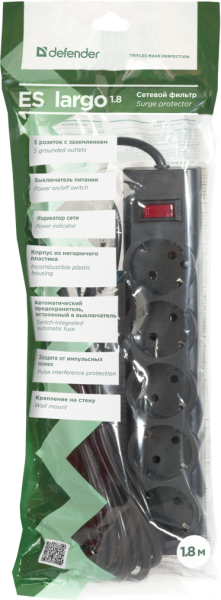 Сетевой фильтр Defender ES LARGO 1.8 (5розеток 1.8m), Black