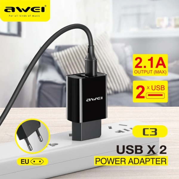 Зарядное устройство USB Awei C3, 2xUSB 5V/2.1А, Black