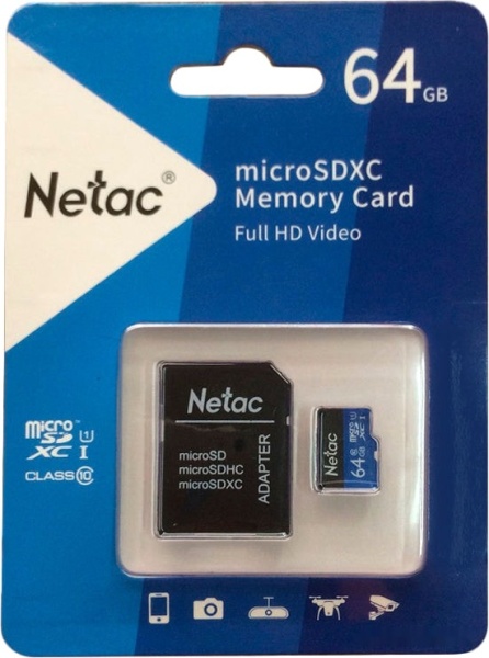 Карта памяти MicroSD 64GB Class 10 U1 Netac P500STN, NT02P500STN-064G-R с адаптером