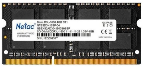 Оперативная память для ноутбука DDR3L 1600/4Gb Netac Basic, NTBSD3N16SP-04 Оперативная память для ноутбука DDR3L 1600/4Gb Netac Basic, NTBSD3N16SP-04