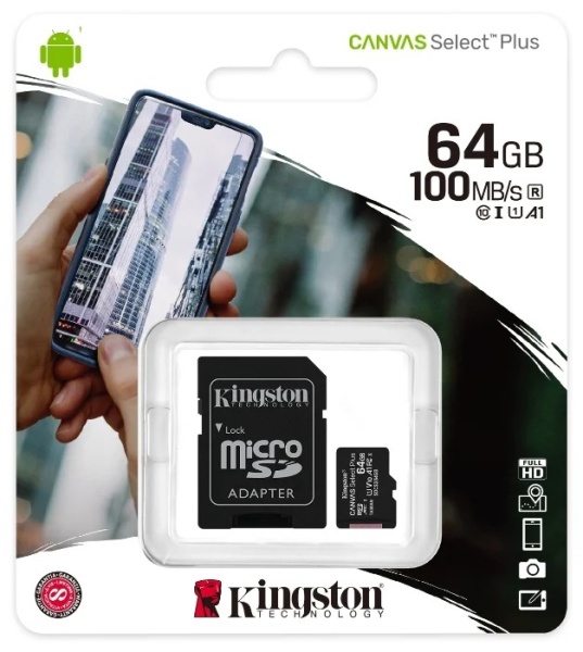 Карта памяти microSD 64Gb Kingston Canvas Select Plus, SDCS2/64GB, Class 10 UHS-I