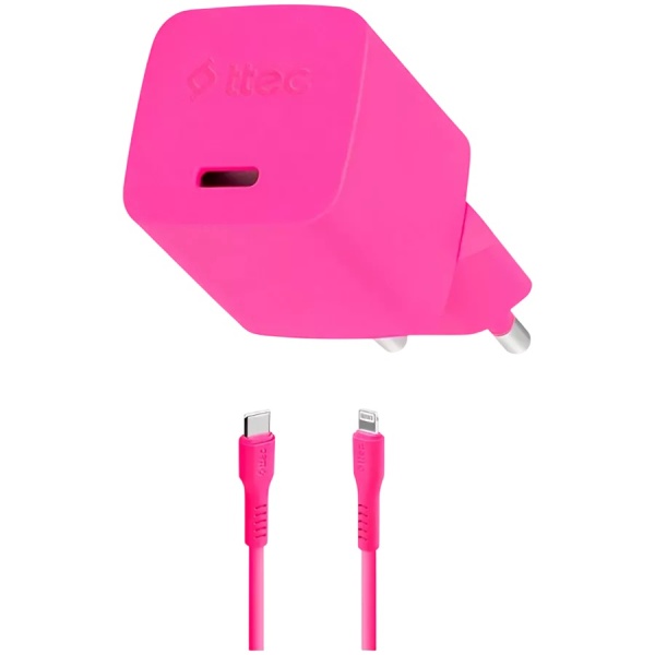 Зарядное устройство TTEC GAN 20W PD Travel Fast Charger + USB-C - Lightning Cable 120cm Neon Pink, 2SCG20LNP